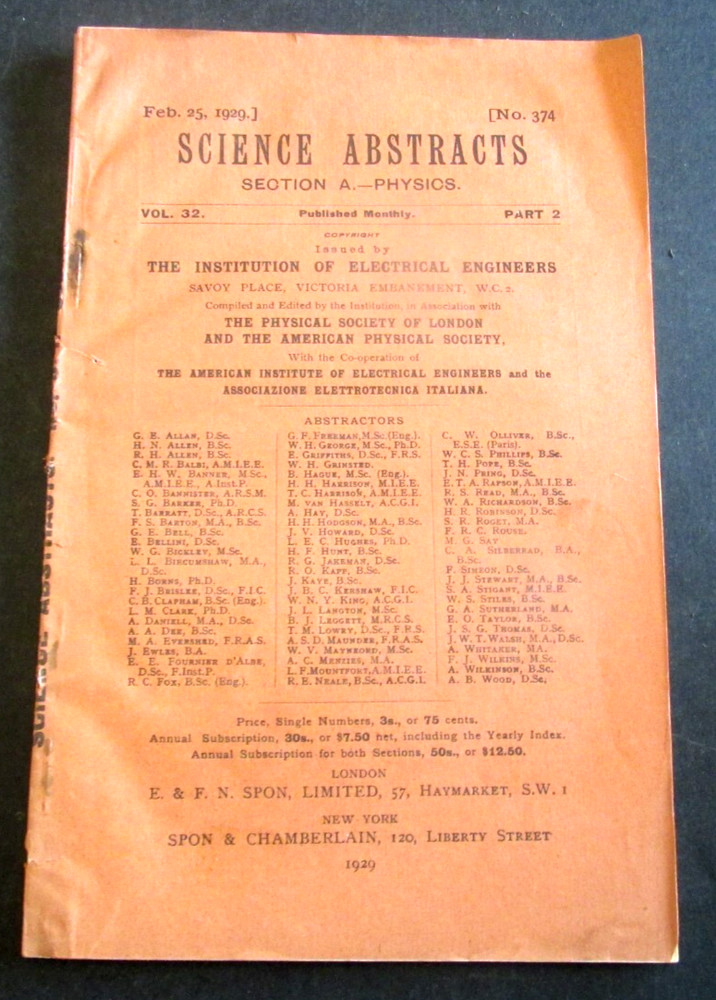VTG 1929 Science Abstracts Section A. Physics Monthly Booklet 184 Pages