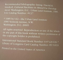 ULI ‘Cultural Facilities in Mixed-Use Development’ Harold R. Snedcof (1985 PB)