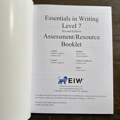 Essentials In Writing Level 7 Assessment Book And Answer Key Homeschool English