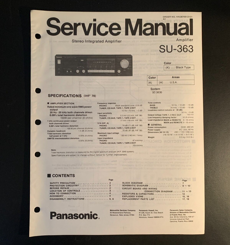 Panasonic SU-363 – Stereo Integrated Amplifier ORIGINAL Service Manual – 1987