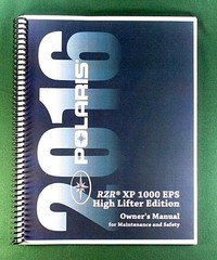 2016 Polaris RZR XP 1000 High Lifter Owner’s Manual: 153 pages & Clear Covers!
