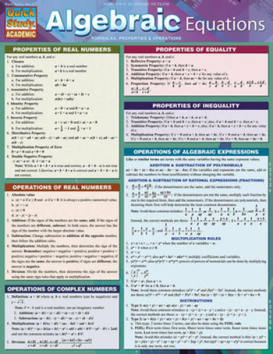 Algebraic Equations (Quick Study Academic) – Pamphlet By BarCharts, Inc. – GOOD