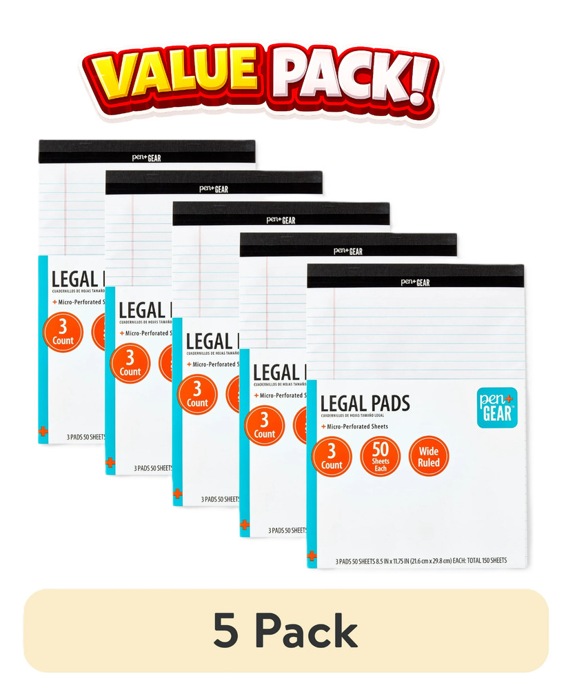 (5 pack) Pen+Gear Wide Ruled Perforated Legal Pad, 8.5″ x 11.75″, 3x 50 Sheets