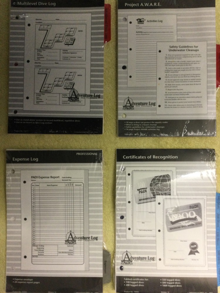 PADI ADVENTURE LOGBOOK BINDER PAGES AS PICTURED v6