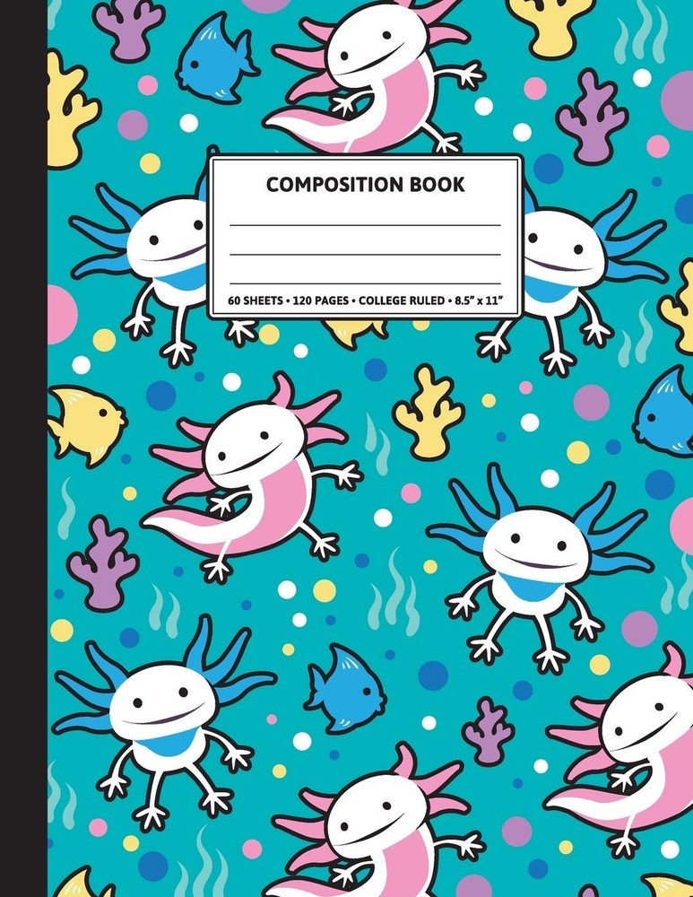 Cute Axolotl Aquatic Pattern Notebook 8.5×11 College Ruled 120 Pages