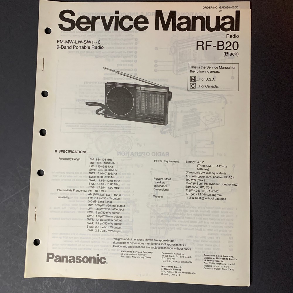 Panasonic RF-B20 FM-MW-LW-SW 9-Band Portable Radio ORIGINAL Service Manual
