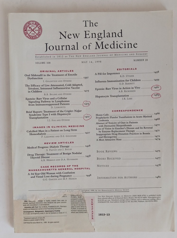 The New England Journal Of Medicine VOL. 338 #20 Magazine, Ships Same Day