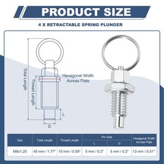 4 Pcs Spring Plunger with Pull Ring, M8x1.25 Stainless Steel Pull Ring Indexi…