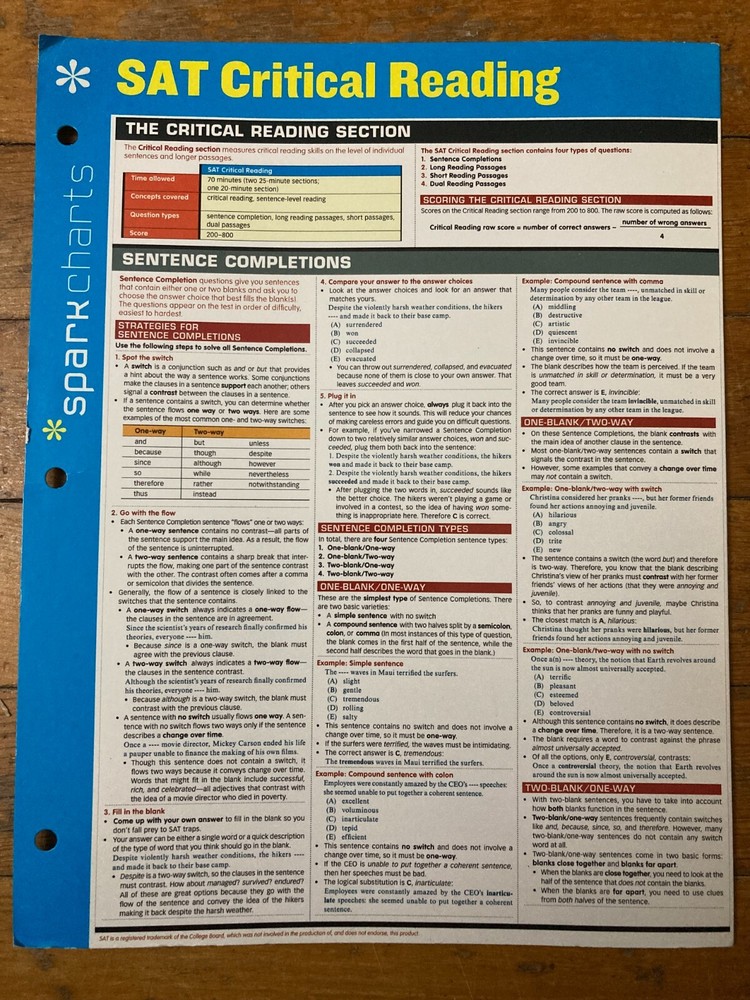 SparkCharts Ser.: SAT Critical Reading SparkCharts by SparkNotes Staff (2014,…