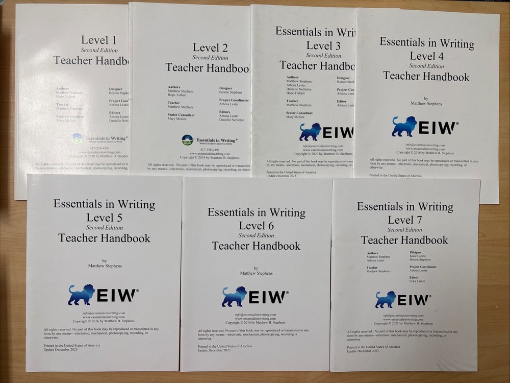 Lot 7 Essentials in Writing EIW Teacher Handbook Level 1-7 Set All 2nd Edition
