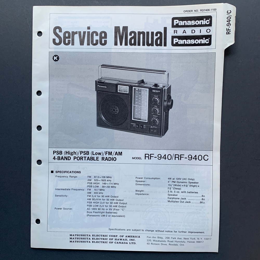 Panasonic RF-940/RF-940C PSB/FM/AM 4-Band Portable Radio ORIGINAL Service Manual