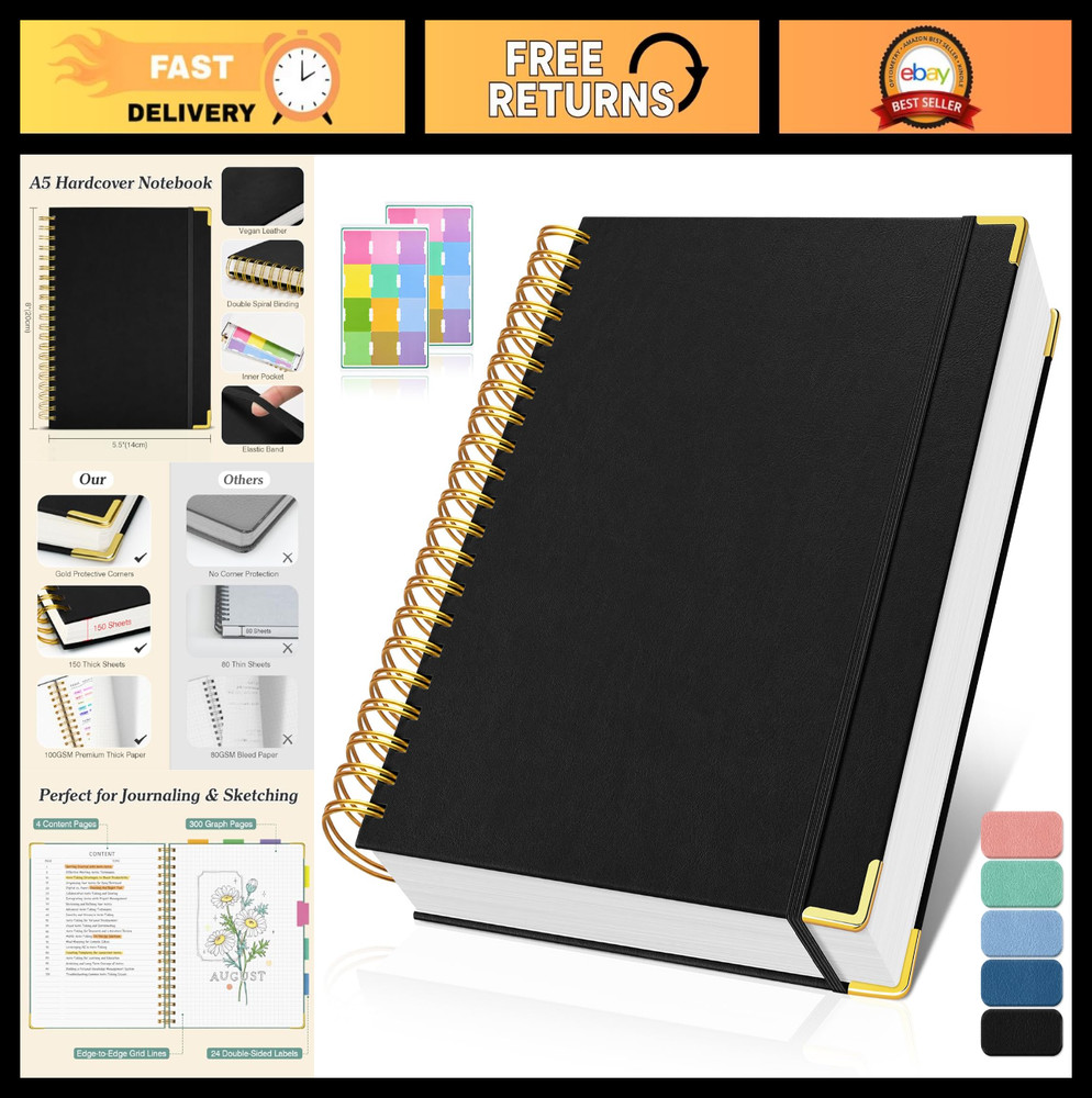 Spiral Graph Paper Notebook A5 – 300 Pages, Thick 100gsm Grid Journal for School